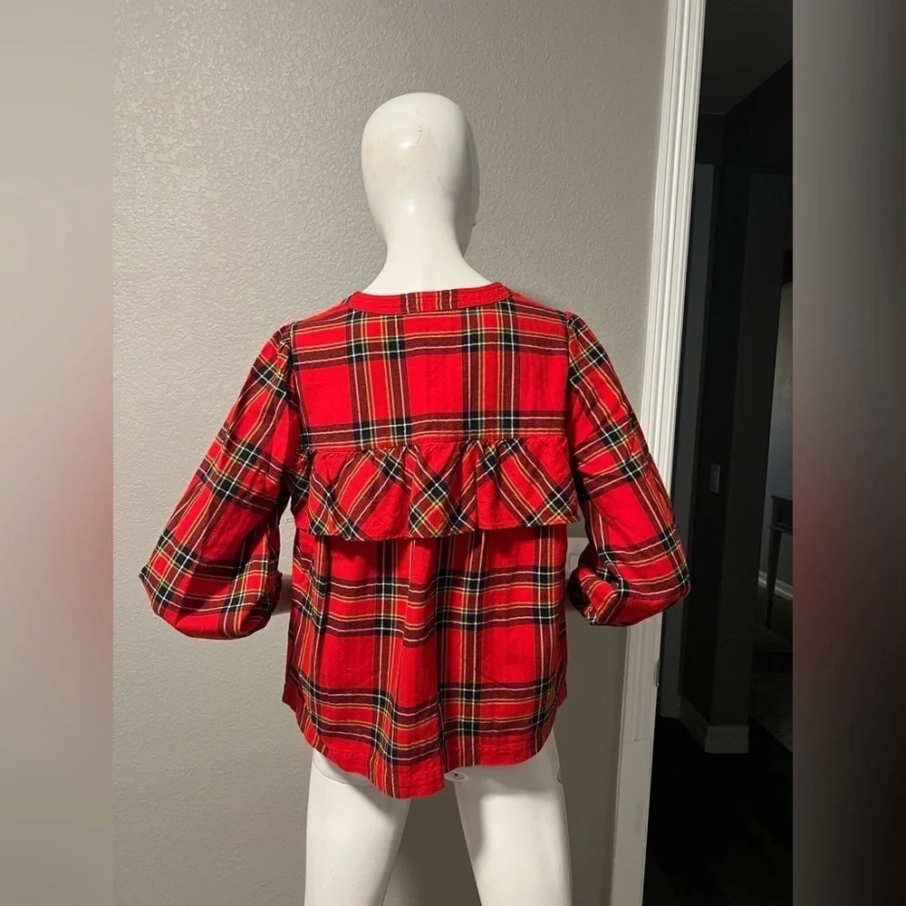 J Crew Ruffle Top in Festive Plaid Red Sz PM